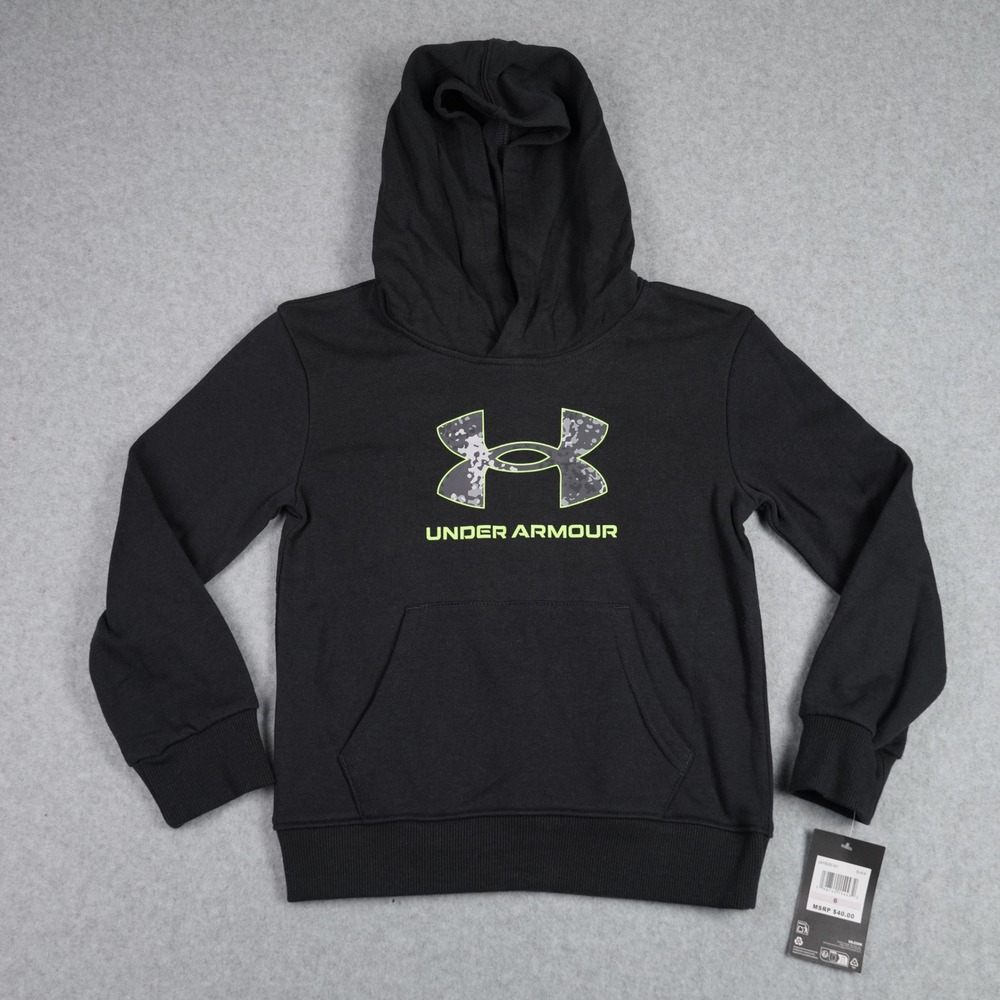 Under Armour Hoodie Kids Size 6 Black Camo Logo Pullover Sweatshirt UAFIB25E-001 - Picture 1 of 4